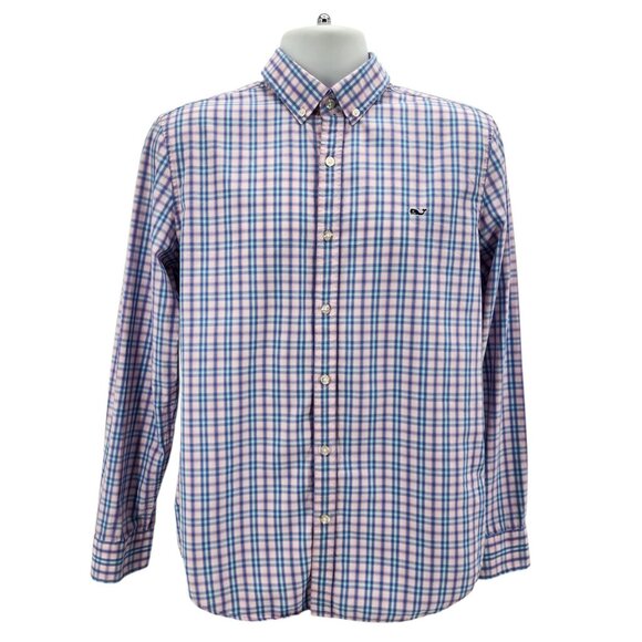 Vineyard Vines Mens Medium Whale Shirt Slim Fit Pink Aqua Blue Check Plaid Logo - Picture 1 of 9